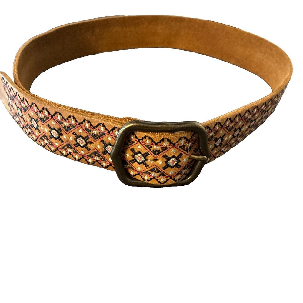 Lucky Brand Belt Womens Brown Embroidered Floral Leather Brass Buckle Size M